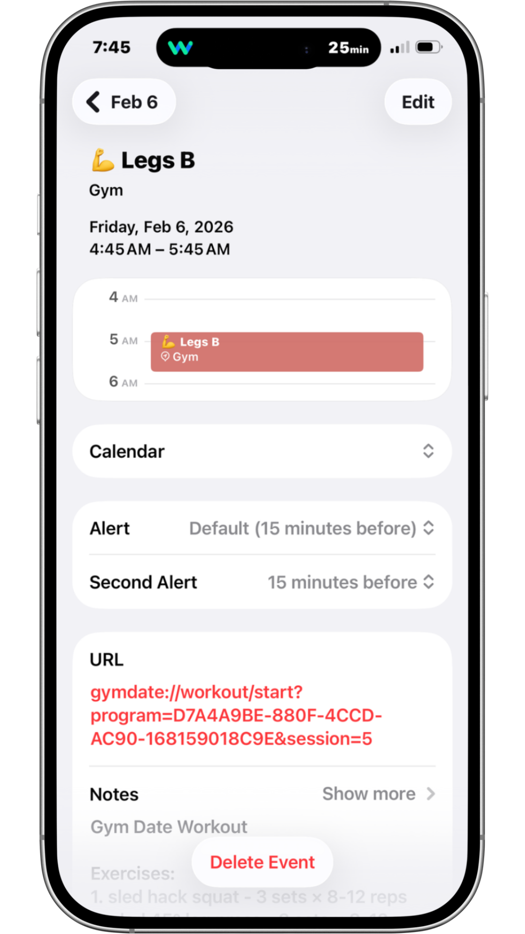 iOS Calendar showing Gym Date workouts alongside everyday events