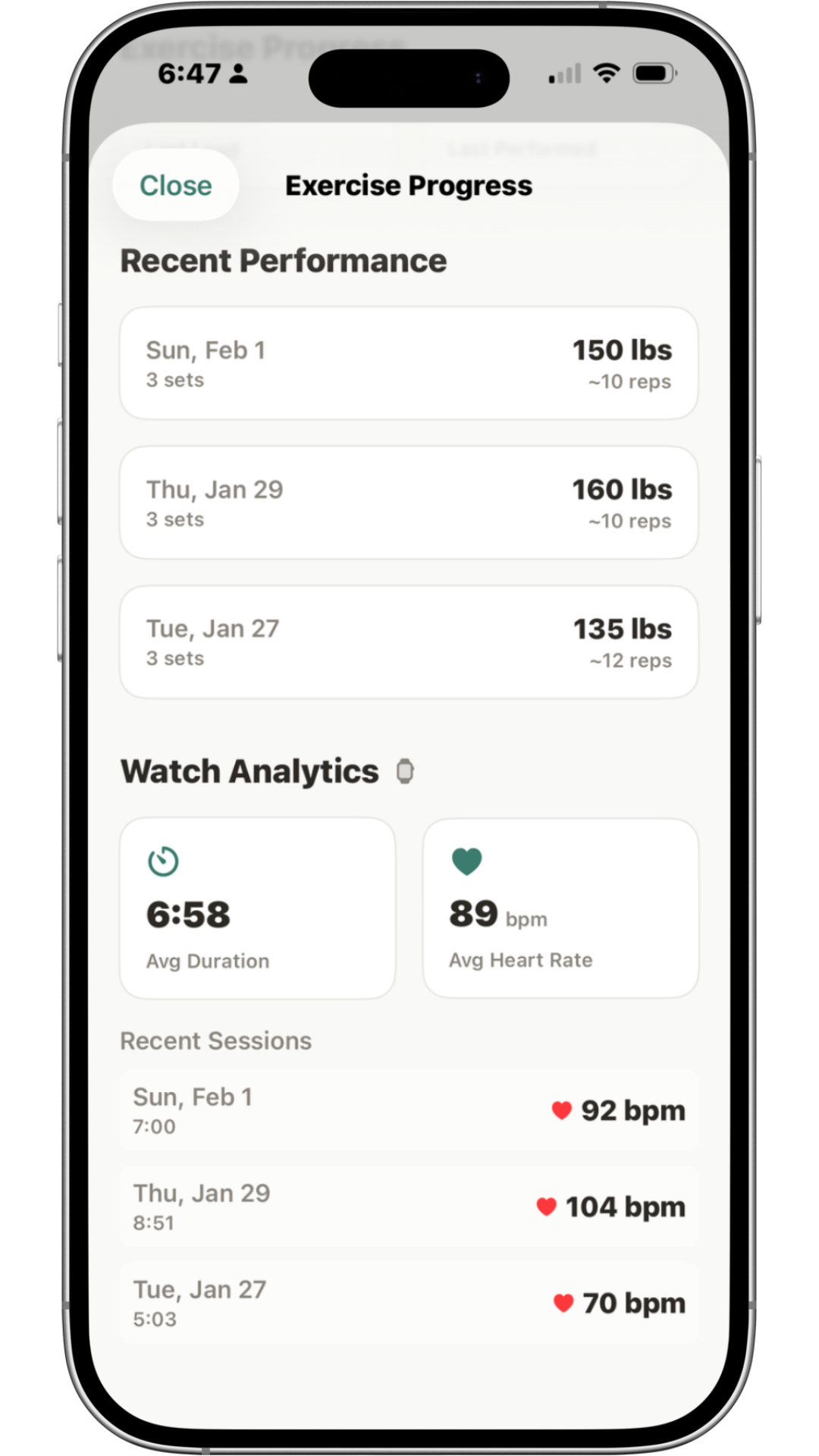 Exercise Splits Watch Analytics with heart rate trends per exercise