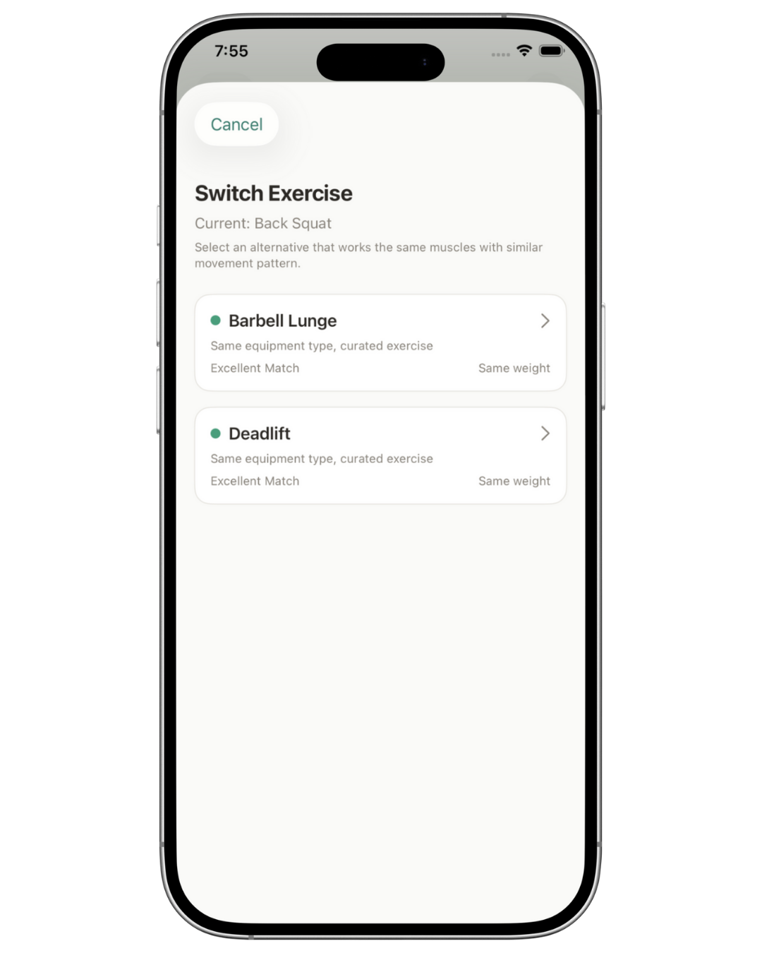 Smart alternatives screen showing ranked exercise substitutions with load recalculation
