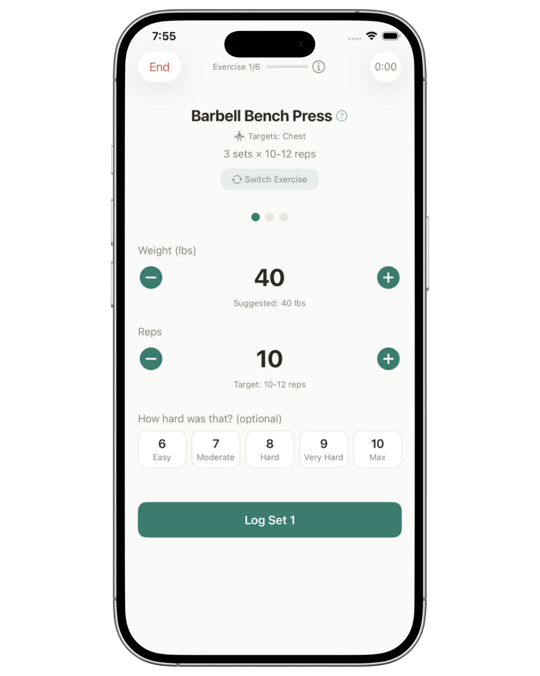Two-tap set logging interface with pre-filled weight and reps
